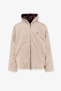 Balenciaga men’s beige cotton blend hooded jacket with plaid-lined interior and subtle chest embroidered logo
