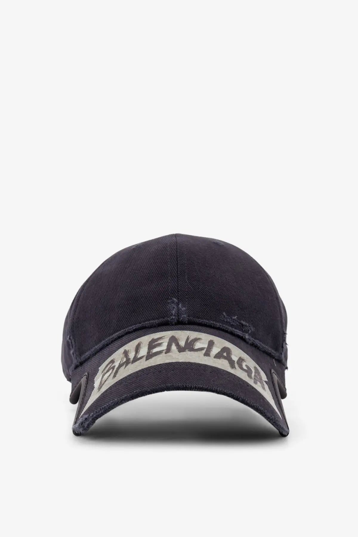Balenciaga men’s black cotton baseball cap with dark denim and distressed faded white logo on front brim