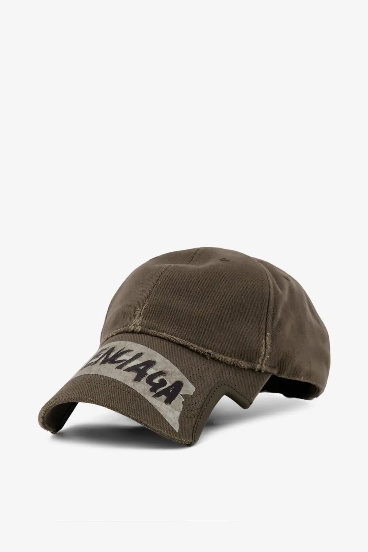 Balenciaga men’s olive green cotton baseball cap with a distressed faded logo patch on the front