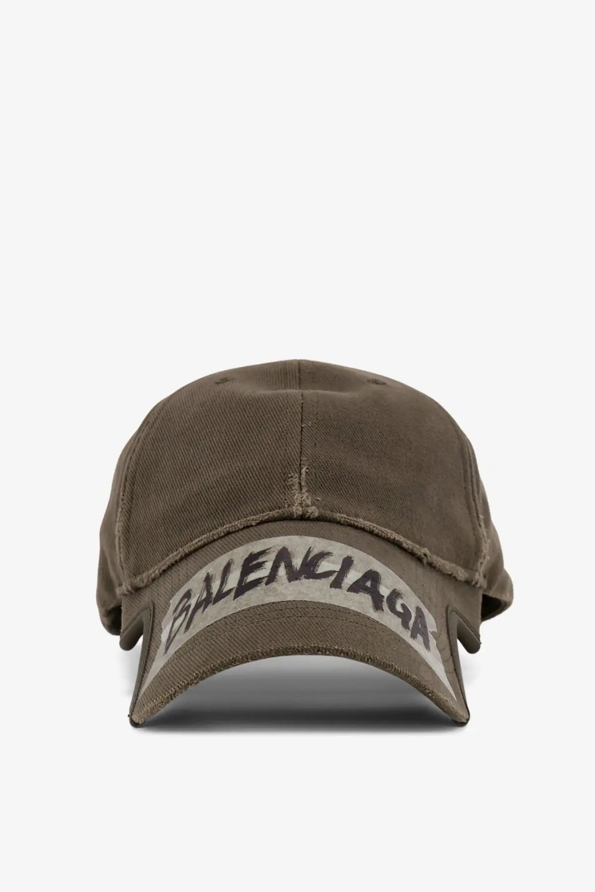 Olive green distressed cotton baseball cap with balenciaga logo embroidered in black on the front brim