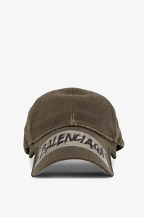 Olive green distressed cotton baseball cap with balenciaga logo embroidered in black on the front brim