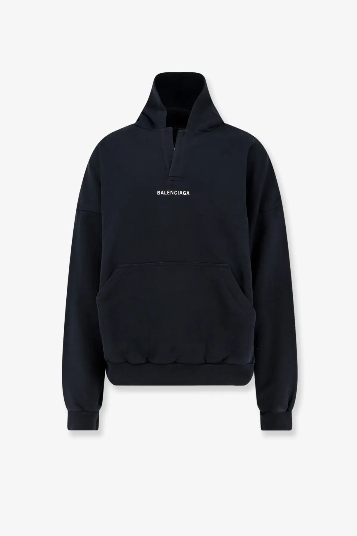 Balenciaga men’s black cotton hoodie with half-zip front and white logo embroidered on the chest