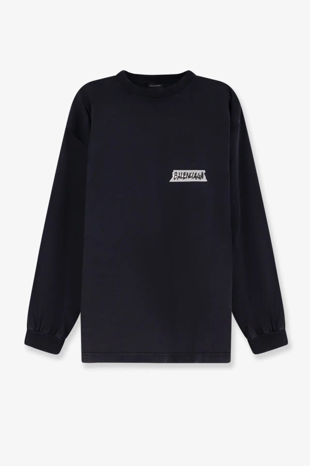Black balenciaga men’s long-sleeve cotton t-shirt with white graffiti-style logo on the chest