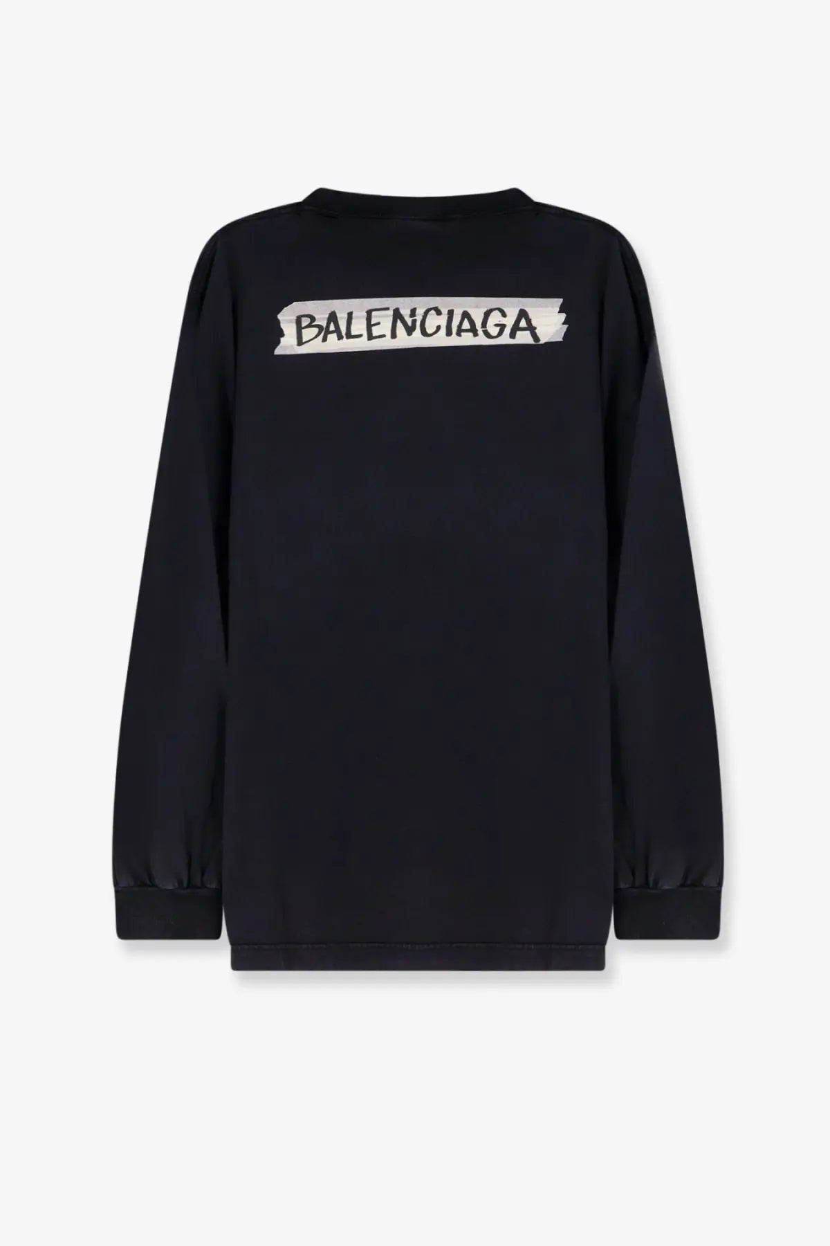 Balenciaga mens black cotton long-sleeved sweatshirt with white torn paper style logo on the back side