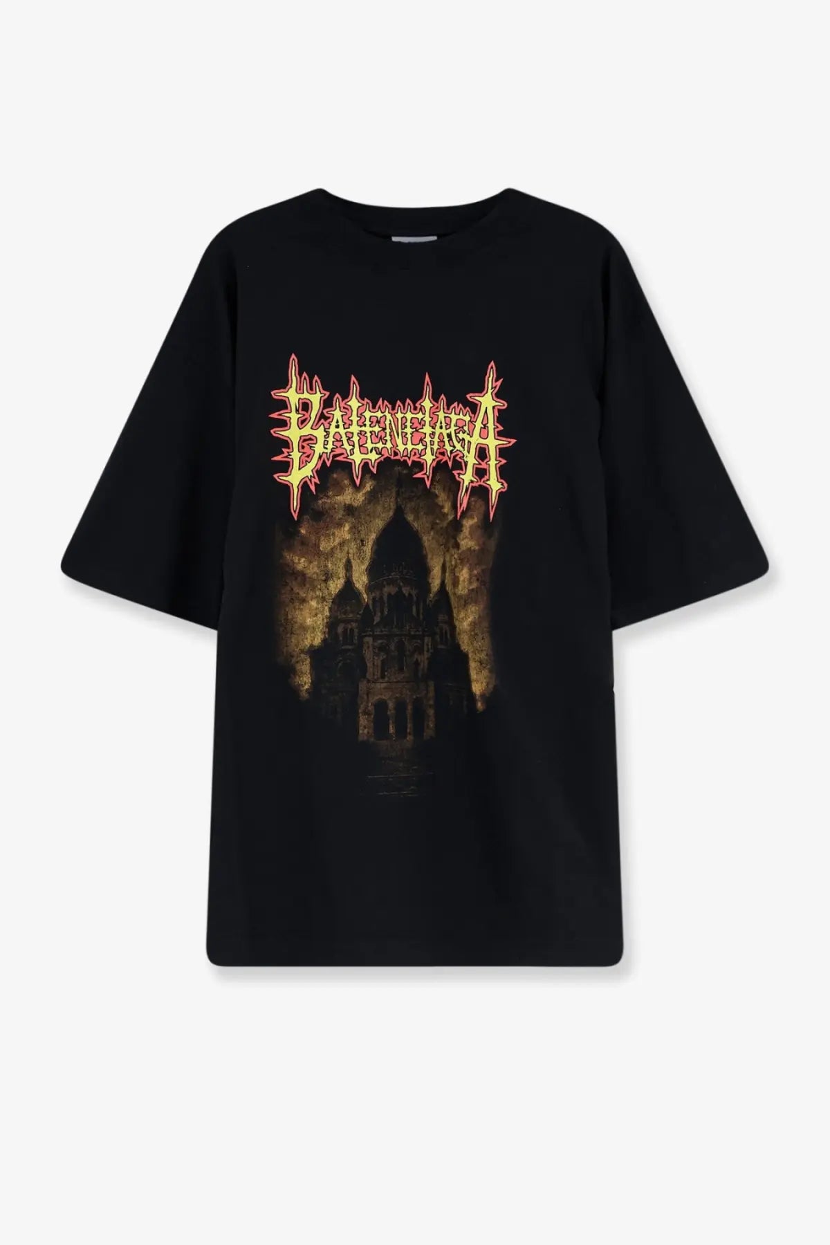 Balenciaga men’s black cotton oversized t shirt with gothic cathedral graphic and fiery spiked lettering print
