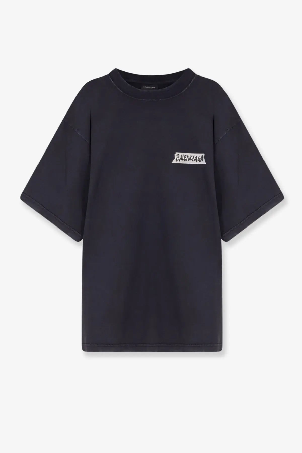 Balenciaga men’s black cotton t-shirt with a white logo patch on the left chest for casual wear