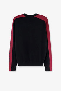 Balenciaga men’s cotton sweater in black with red color-blocking and ribbed cuffs and neckline