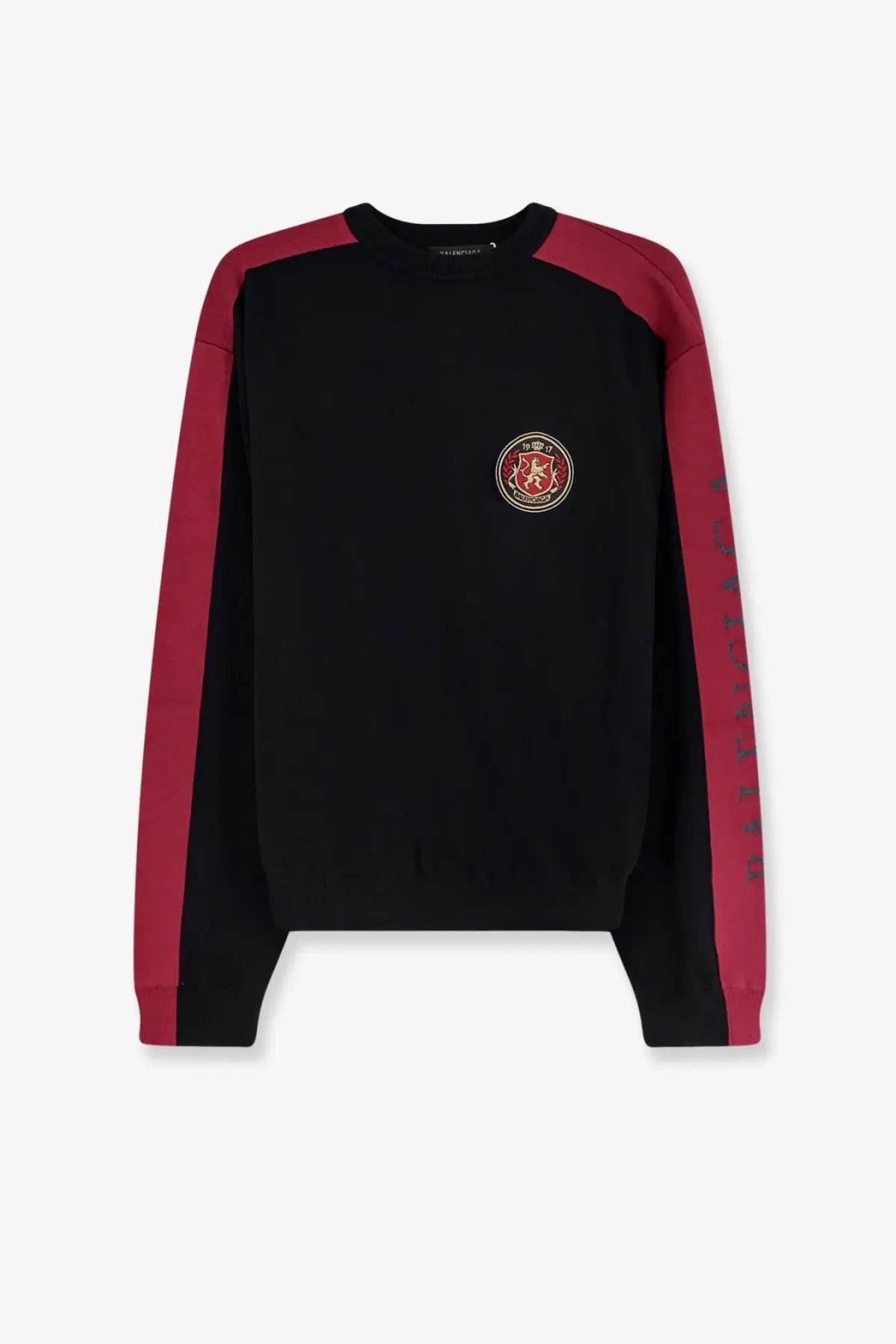 Balenciaga men’s cotton sweater black with red accents and a circular embroidered logo on the chest