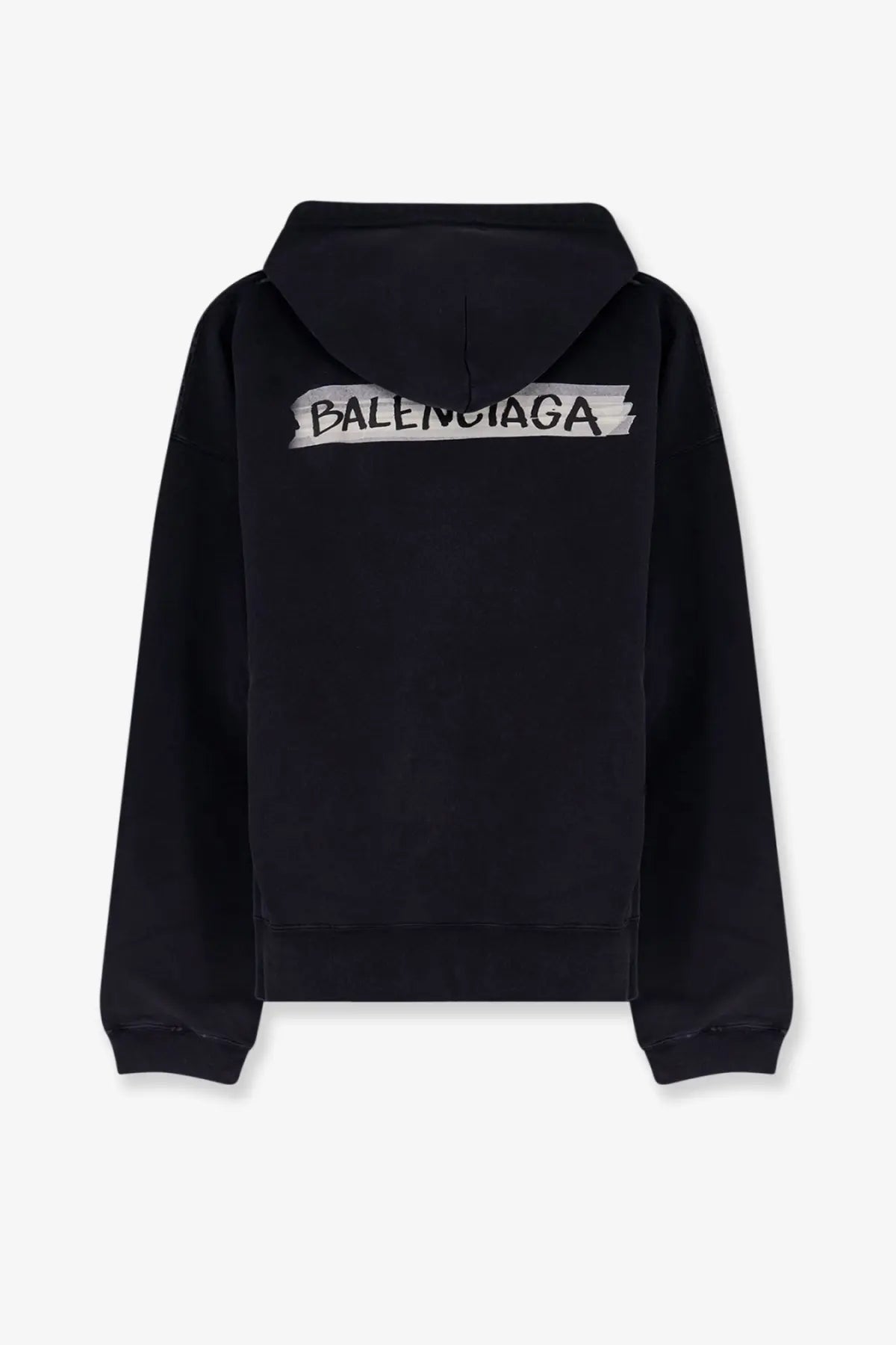 Balenciaga men’s black cotton sweatshirt showing the back with a distressed white logo across the hoodie