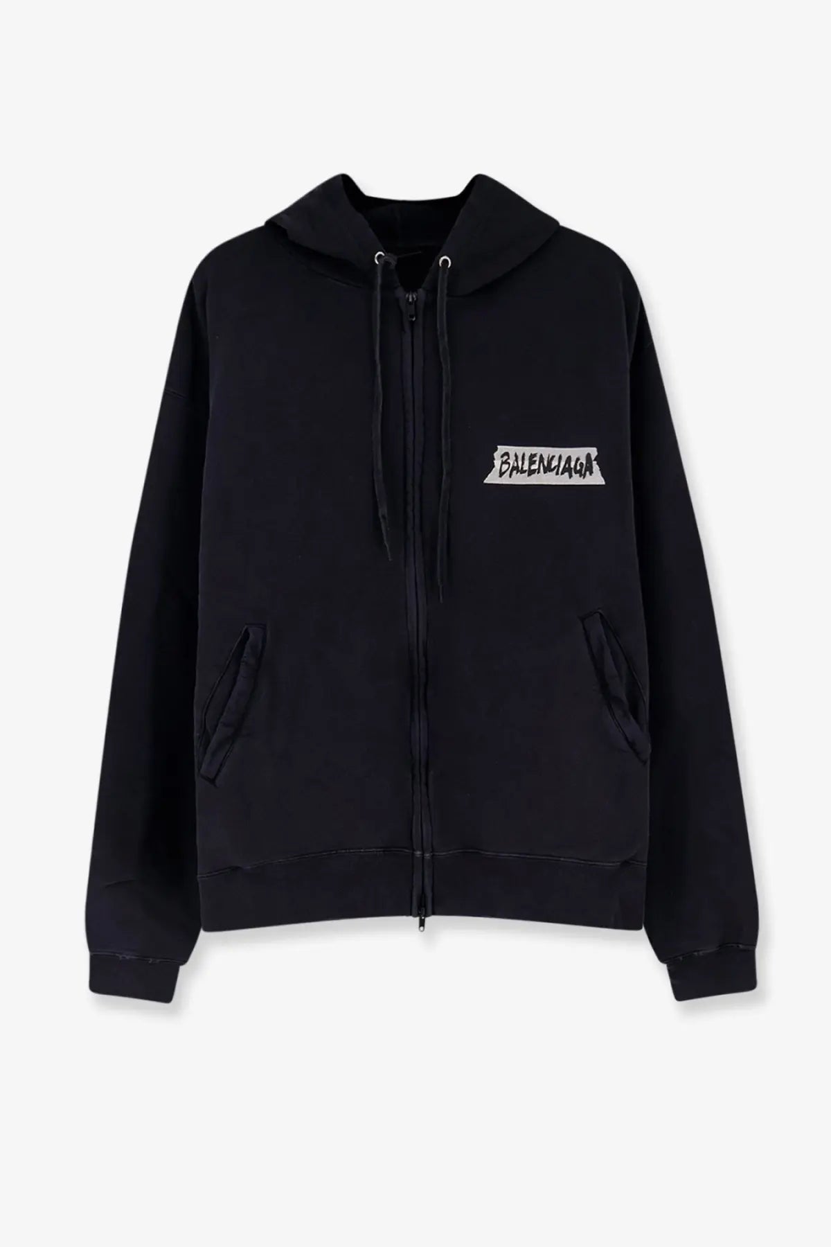 Balenciaga men’s black cotton zip-up hoodie with white graffiti-style logo on the chest