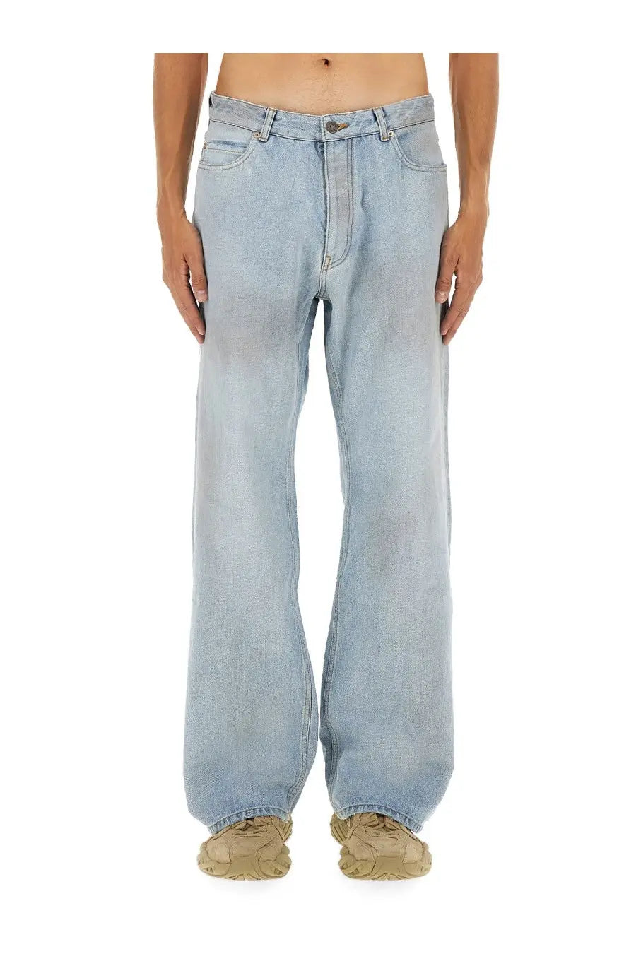 Balenciaga men’s deconstructed light-wash denim jeans with relaxed straight-leg cut and classic five-pocket design