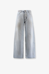 Balenciaga men’s distressed light-wash denim wide-leg jeans with high-rise waist and classic five-pocket design