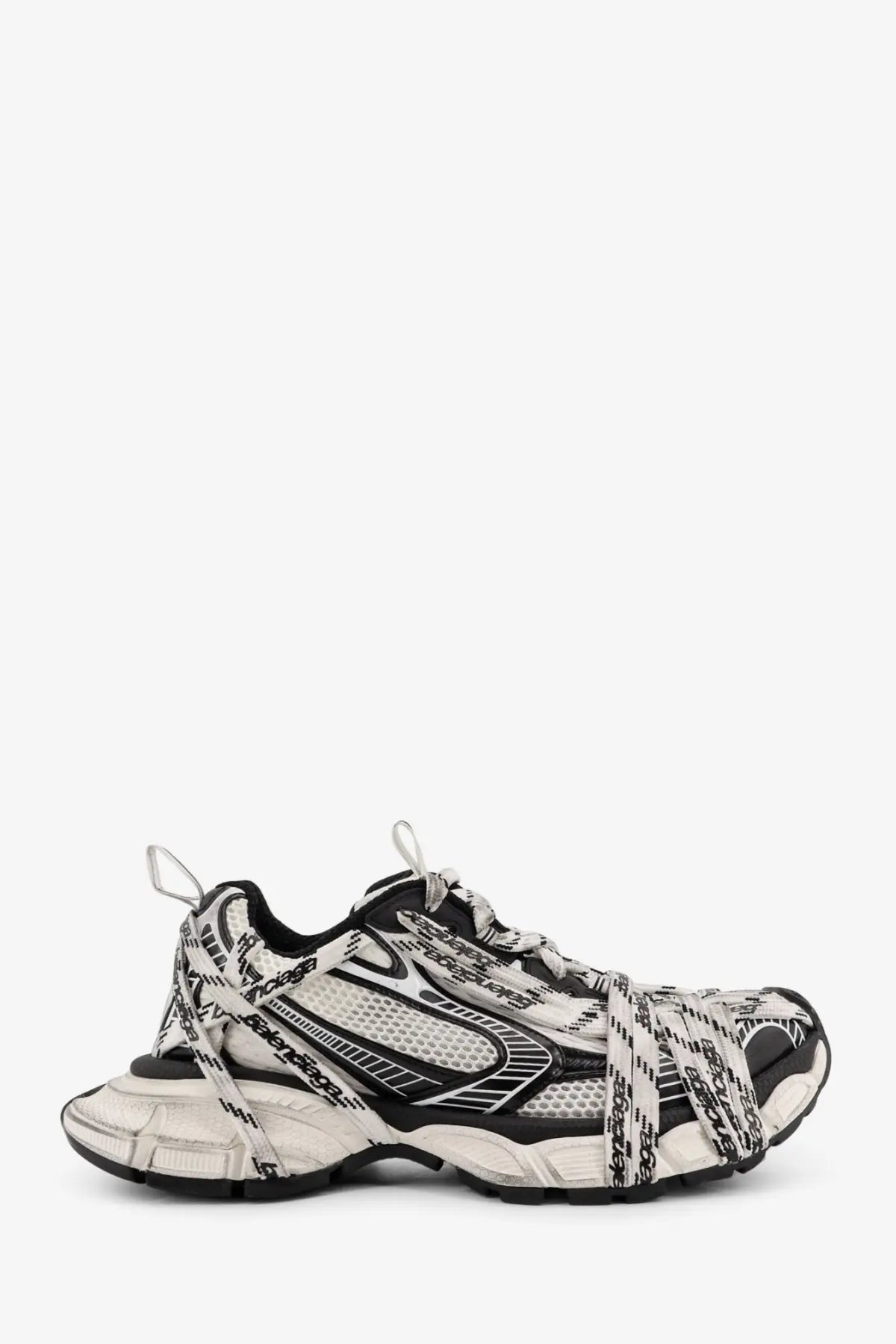 Balenciaga men’s extreme laces mesh sneakers white black and white with chunky layered design and repeating logo patterns