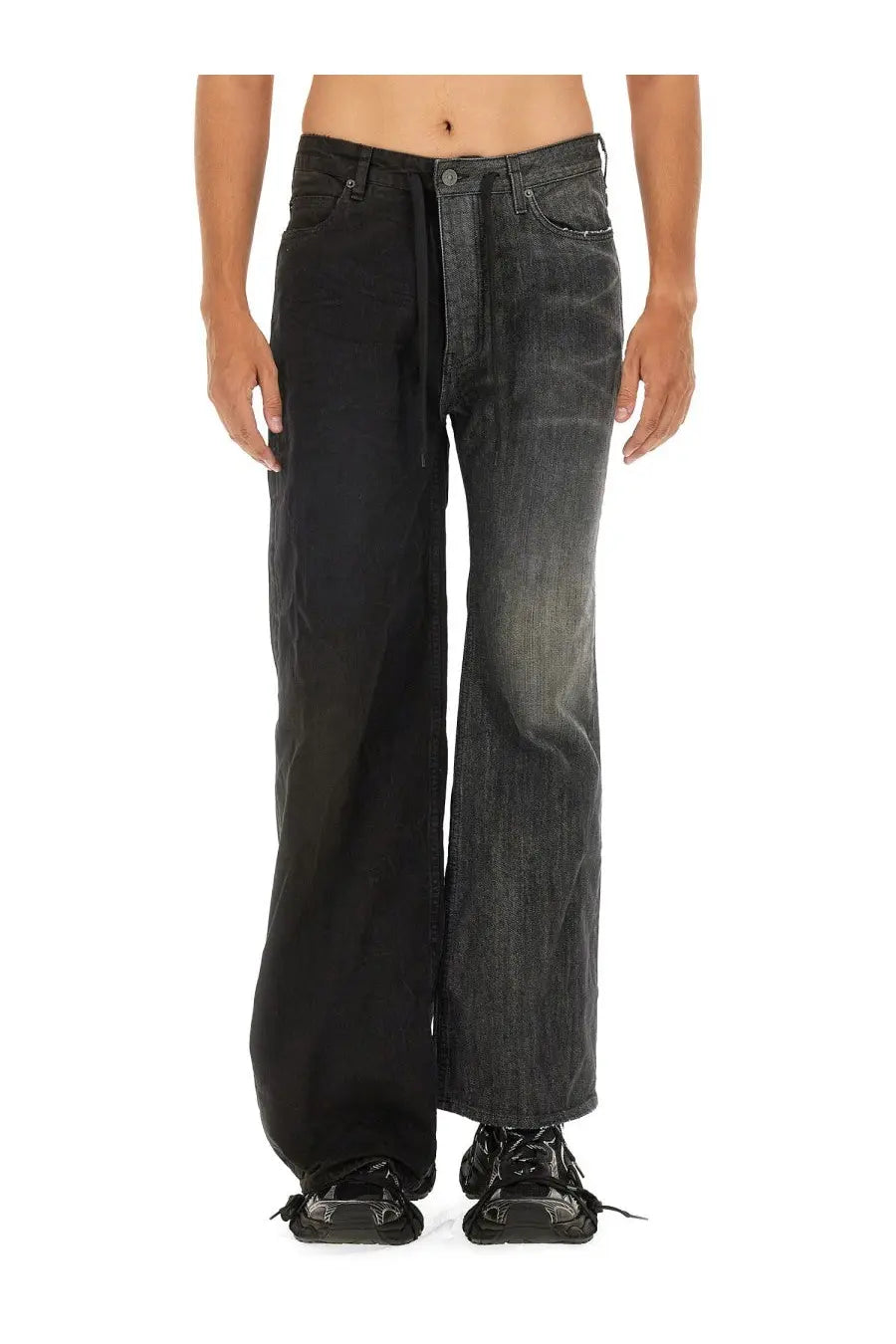 Balenciaga men’s fifty fifty jeans in black denim with a faded distressed wash and wide-leg cut