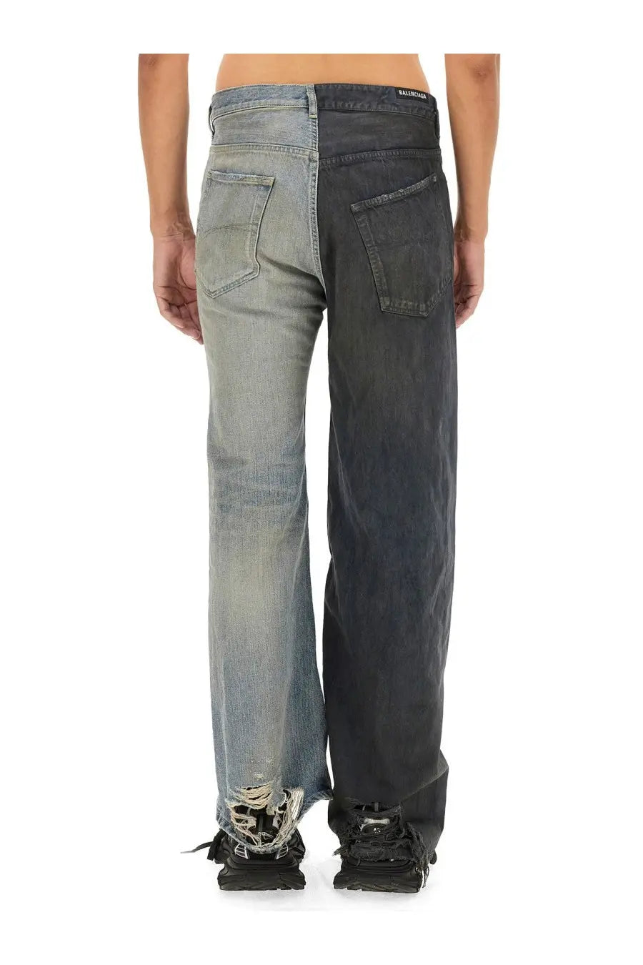 Balenciaga men’s fifty fifty jeans multicolor with two-tone denim split design in light blue and dark indigo