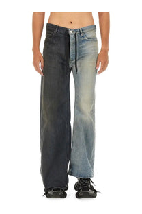 Balenciaga men’s wide-leg denim jeans with a split design in dark indigo and light blue wash multicolor
