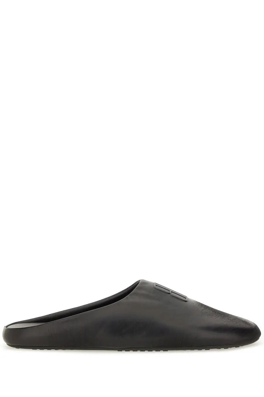 Balenciaga men’s black leather slip-on mule shoe with minimalist design and subtle logo detail