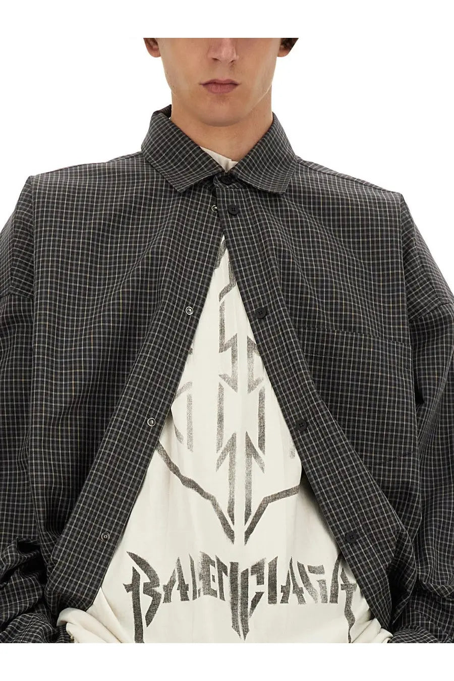 Balenciaga men’s large fit outerwear shirt in black and white checkered pattern with classic collar