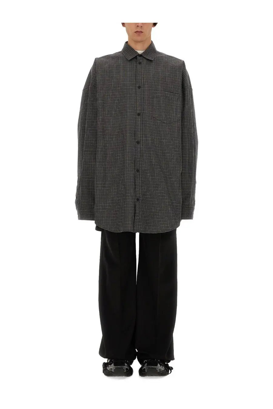 Balenciaga men’s outerwear shirt in black and white checkered pattern with relaxed oversized fit