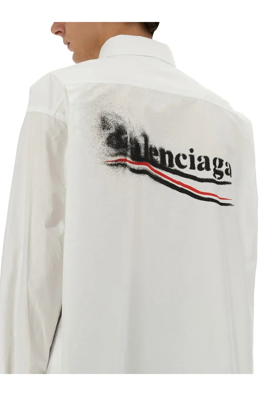 Balenciaga men’s large fit white shirt with bold spray-painted black logo and red and black stripes on front