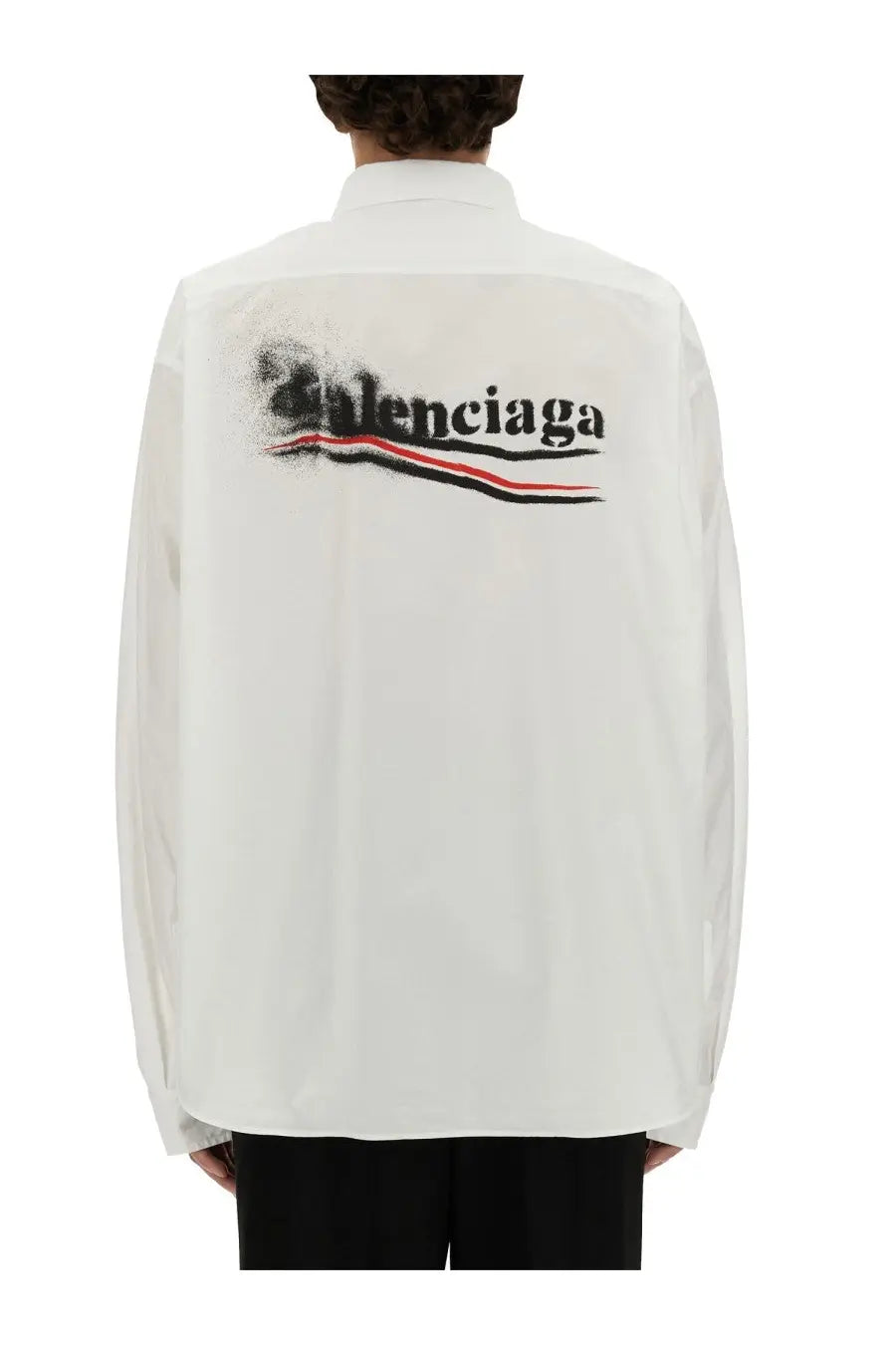 Balenciaga men’s white long-sleeved shirt with a bold black red and white logo print on the back side