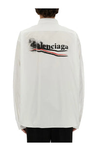 Balenciaga men’s white long-sleeved shirt with a bold black red and white logo print on the back side