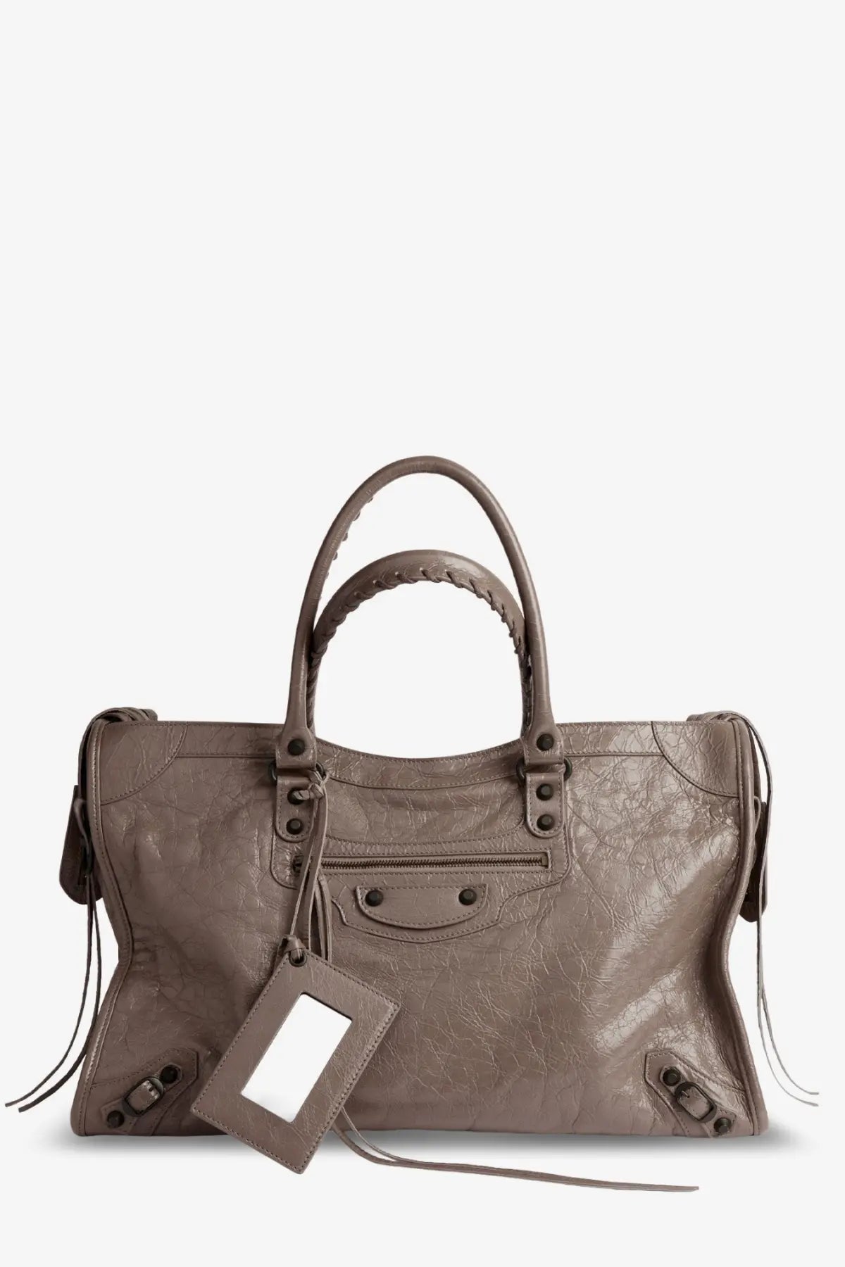 Taupe leather balenciaga men’s le city bag with braided handles and signature metal hardware in brown