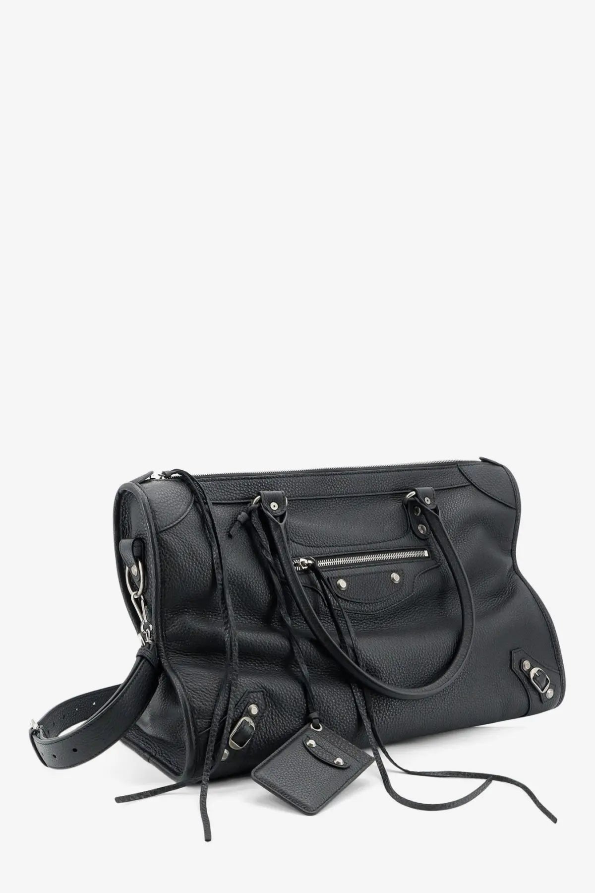 Balenciaga men’s leather travel bag black with silver-tone hardware detachable shoulder strap in city style