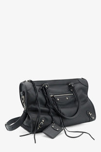 Balenciaga men’s leather travel bag black with silver-tone hardware detachable shoulder strap in city style