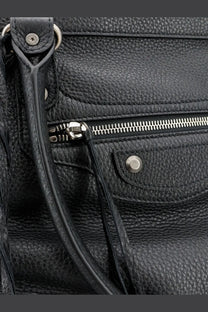 Balenciaga men’s le city black pebbled leather crossbody business travel bag with silver hardware and zipper detail