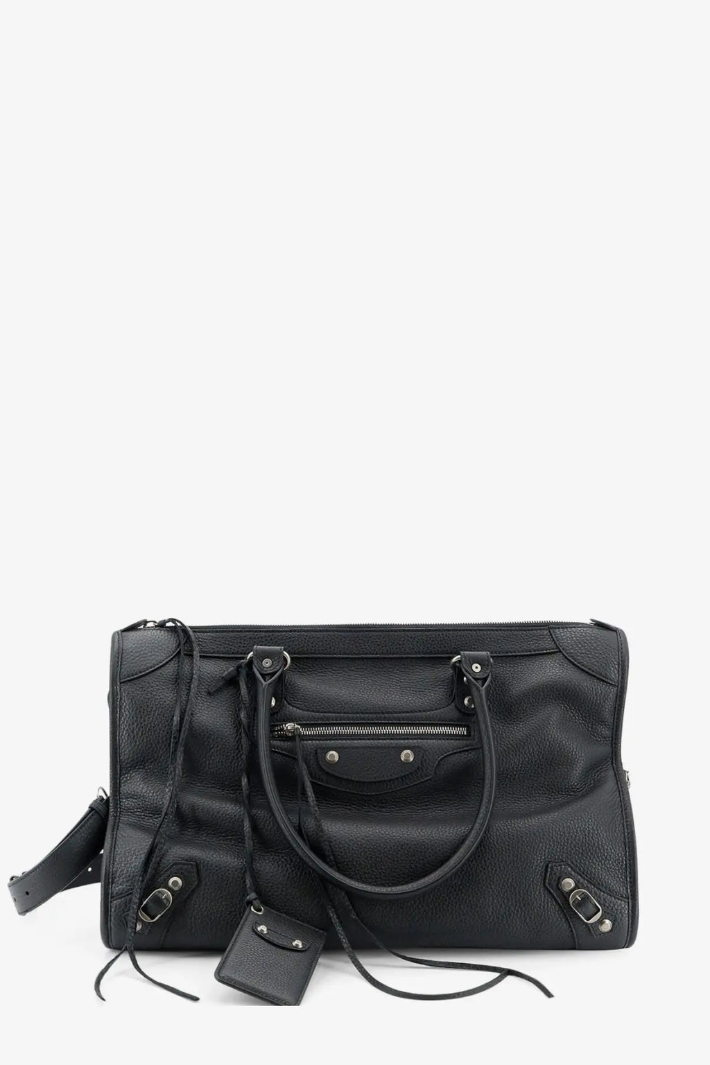 Balenciaga men’s le city business black leather travel bag with structured design and metallic hardware accents