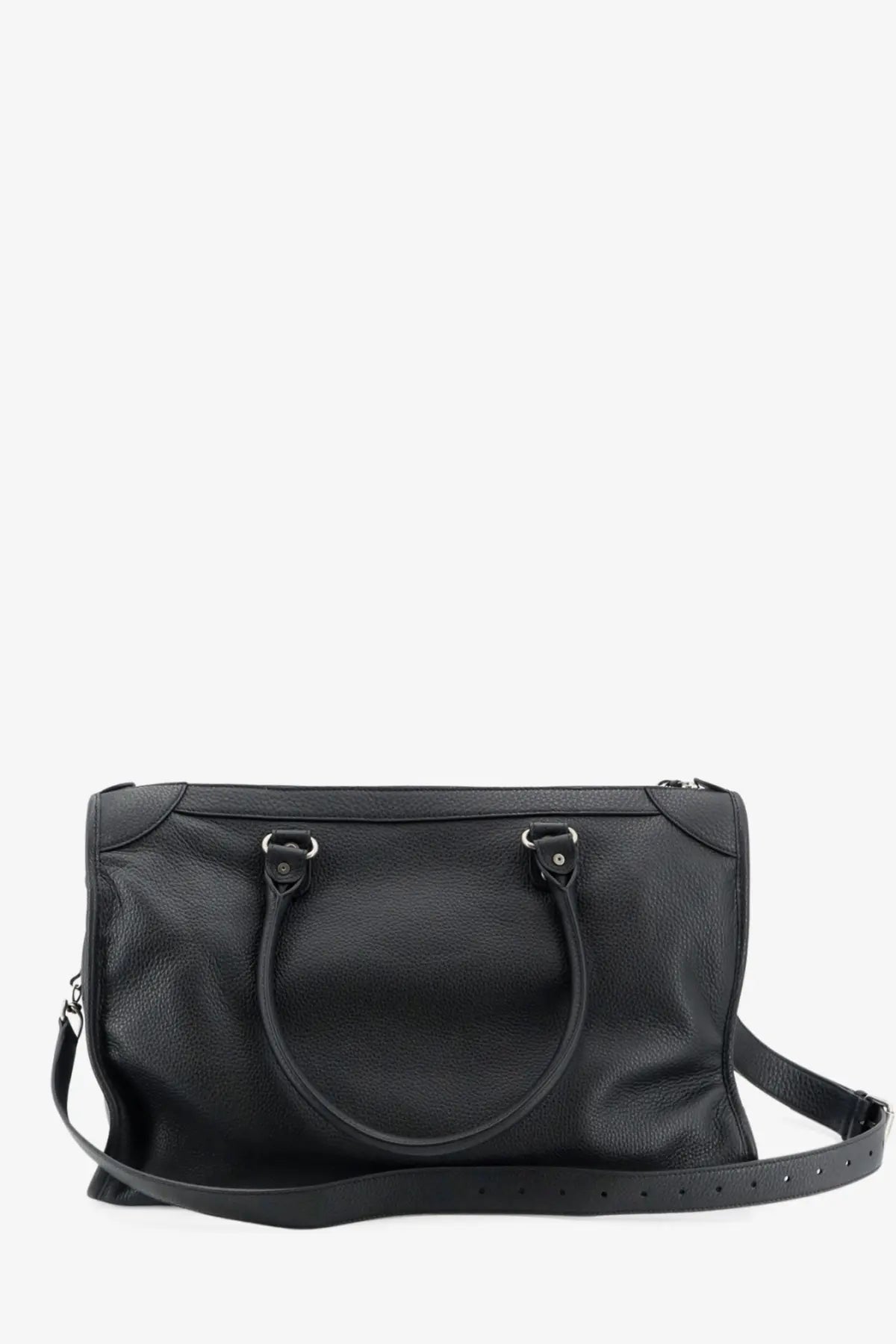 Balenciaga men’s le city business black leather duffel bag with textured finish top handles and adjustable shoulder strap