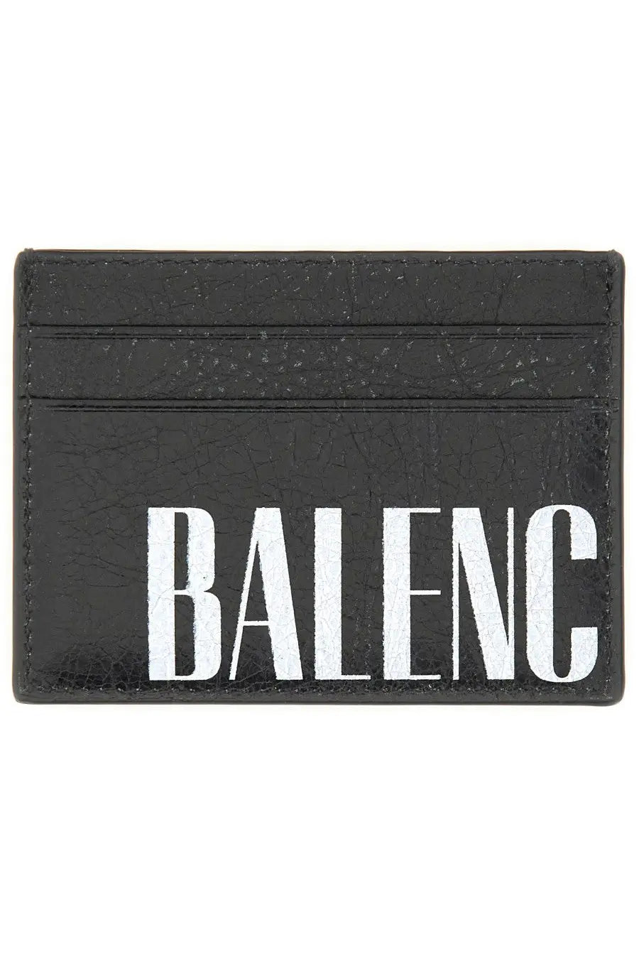 Balenciaga men’s black leather card holder with textured leather and bold white lettering on the front