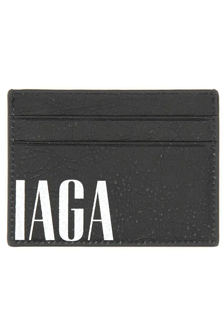 Balenciaga men’s black leather card holder with textured finish and bold white iaga lettering on the front