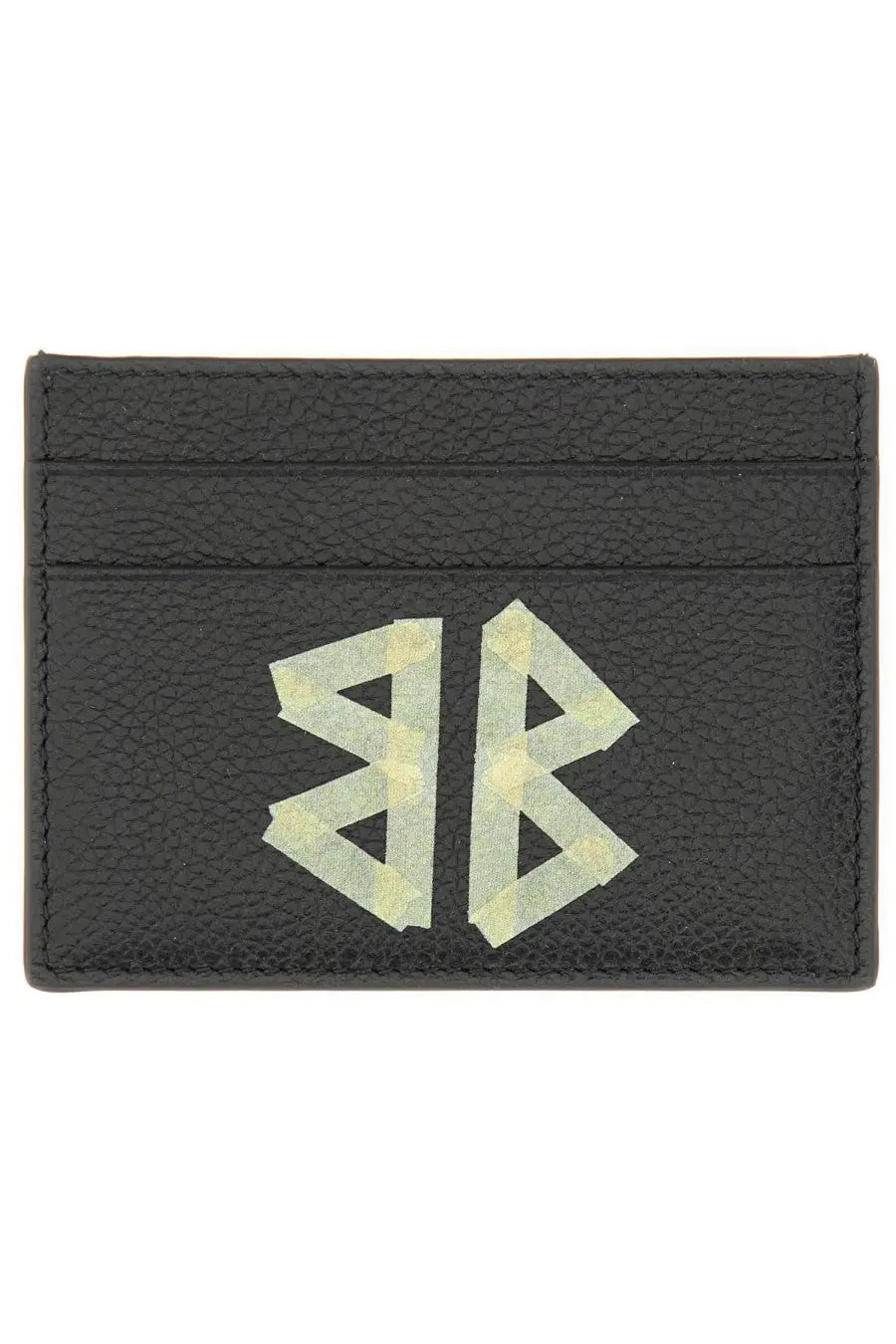 Balenciaga men’s black leather card holder with textured finish featuring a light green geometric logo on front