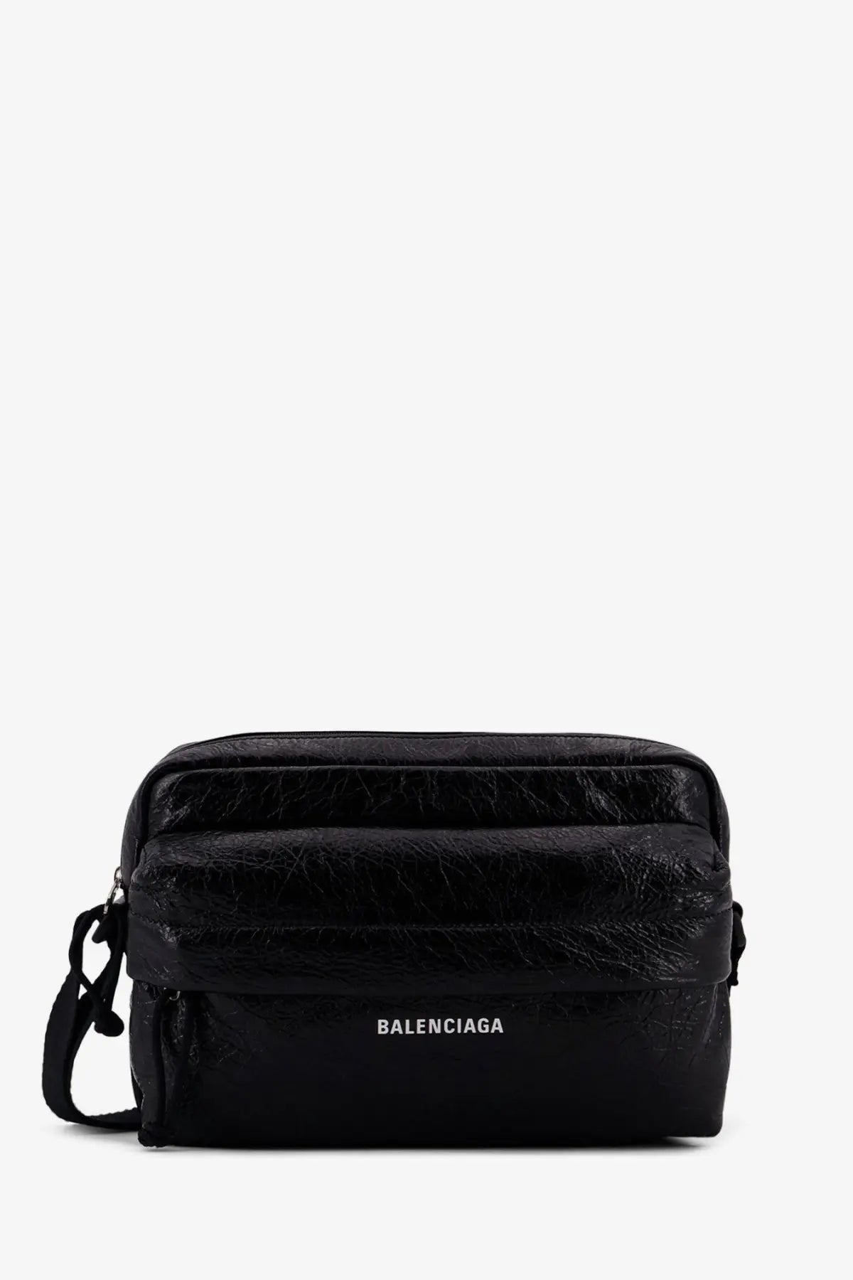 Balenciaga men’s black leather crossbody bag with textured crinkled surface and white logo branding