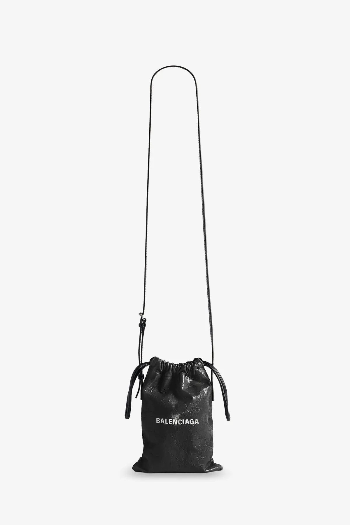 Balenciaga men’s leather shopper phone holder black with a sleek glossy finish and minimalist branding