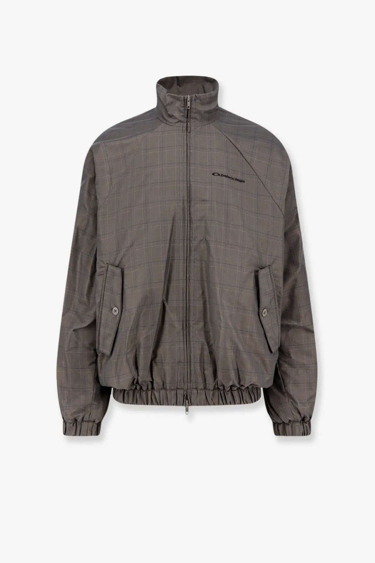 Balenciaga men’s madras nylon bomber jacket grey with dark gray plaid pattern high collar and elastic cuffs