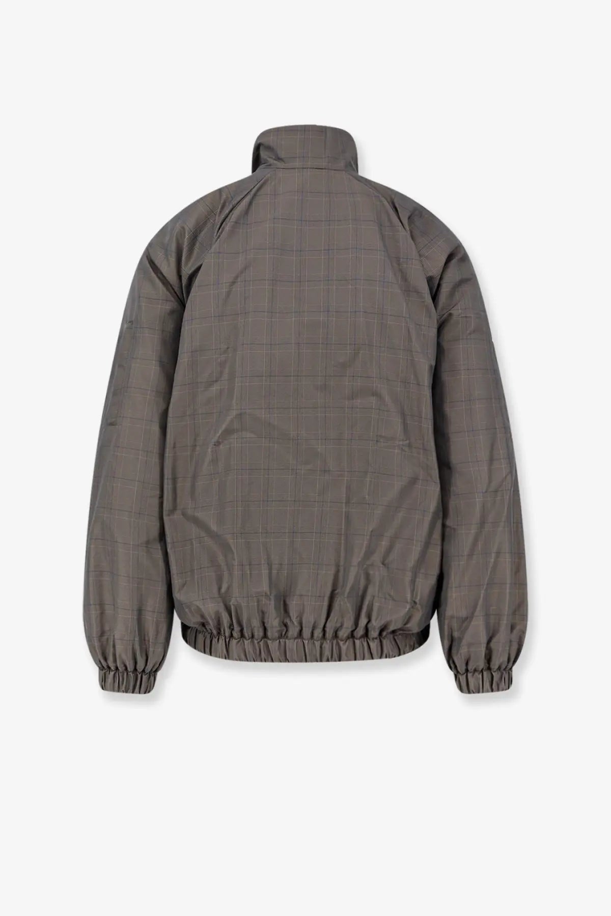Balenciaga men’s madras nylon gray puffer jacket with high collar and elastic cuffs