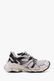 Balenciaga men’s mesh and nylon runner sneaker in white and black with synthetic overlays and chunky rubber sole