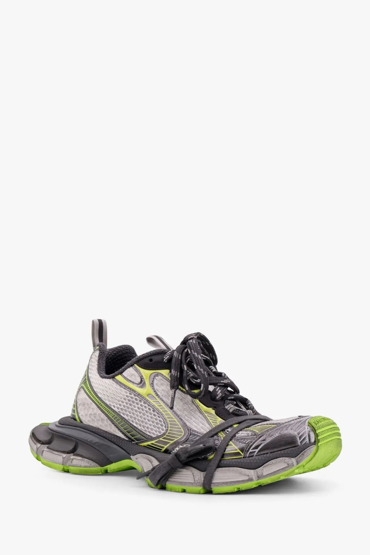 Balenciaga men’s mesh and polyurethane triple s sneakers in gray neon green and black with synthetic overlays