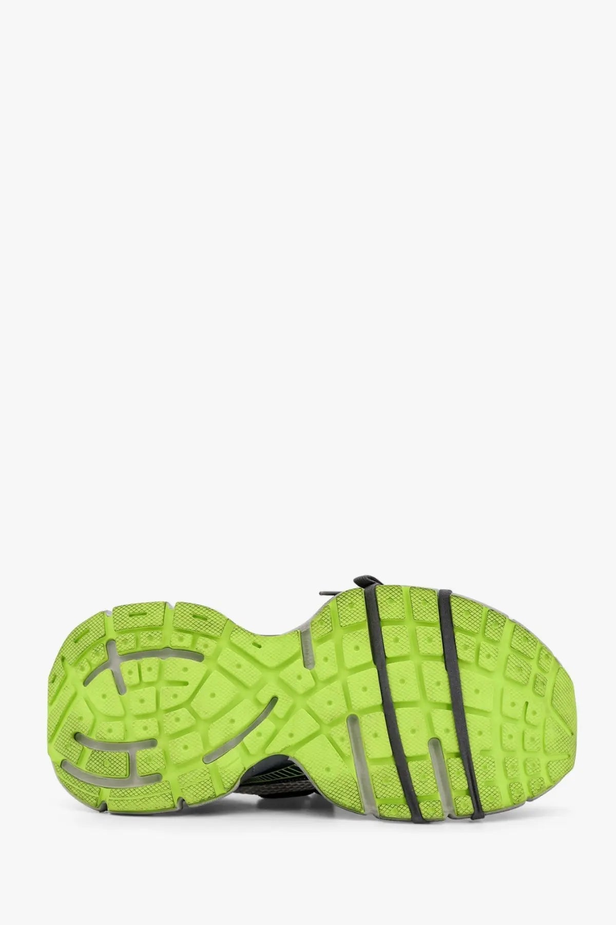 Vibrant lime green rubber sole with black stripes and textured grip on balenciaga men’s mesh and polyurethane grey sneakers