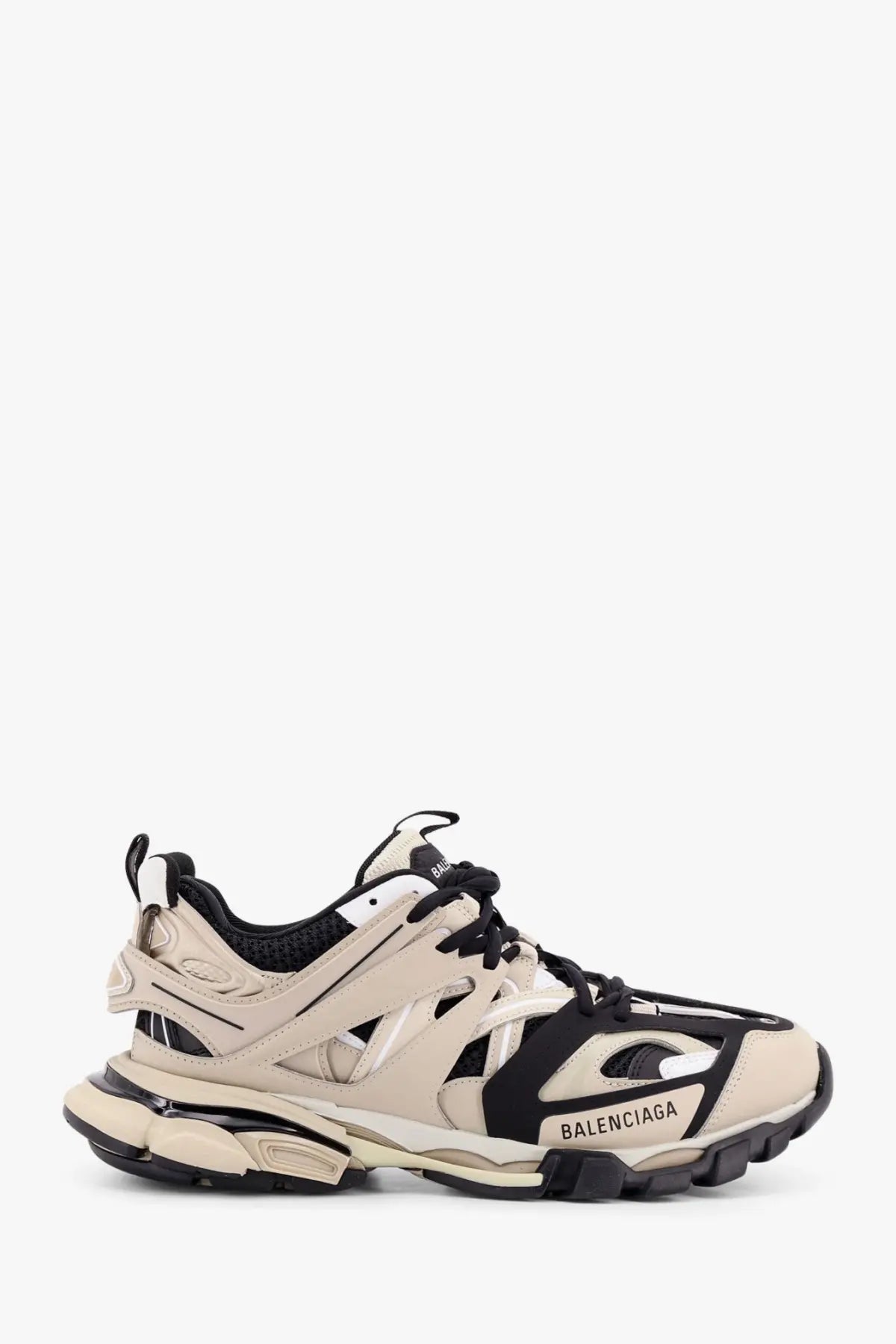 Balenciaga men’s beige and black triple s sneaker with chunky layered design in mesh and rubber materials