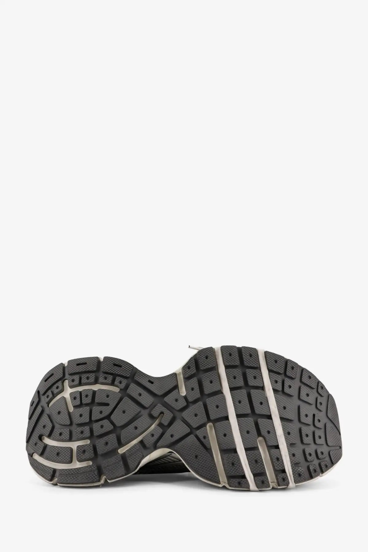 Balenciaga men’s mesh sneakers grey with black rubber sole silver accent stripes and textured tread pattern