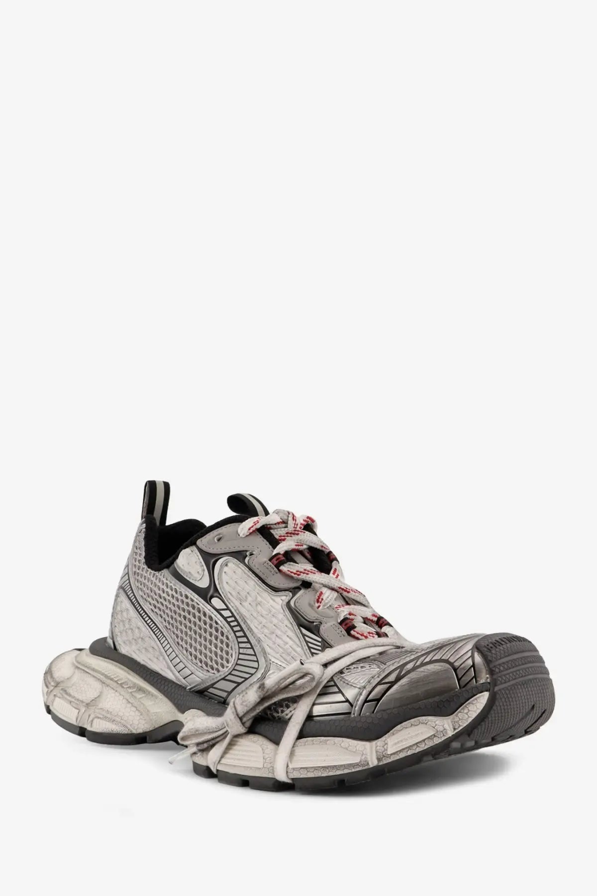 Balenciaga men’s mesh sneakers grey with gray and black design, chunky textured sole, and red and white laces