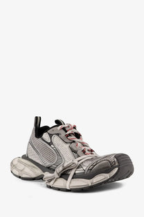 Balenciaga men’s mesh sneakers grey with gray and black design, chunky textured sole, and red and white laces