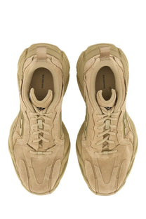 Beige suede balenciaga men’s monday shoe sneaker featuring a chunky sculpted sole and layered paneling