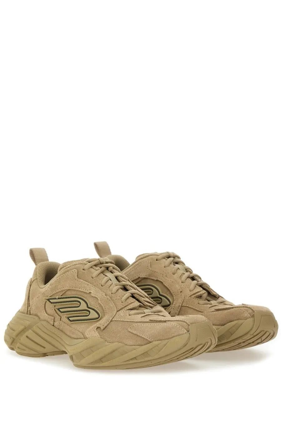 Balenciaga men’s monday shoe sneaker beige tan suede with chunky textured sole and olive green embroidered logo on side