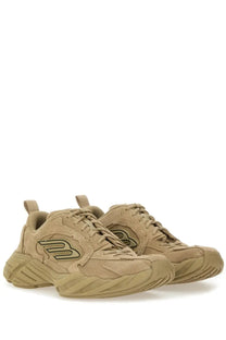 Balenciaga men’s monday shoe sneaker beige tan suede with chunky textured sole and olive green embroidered logo on side