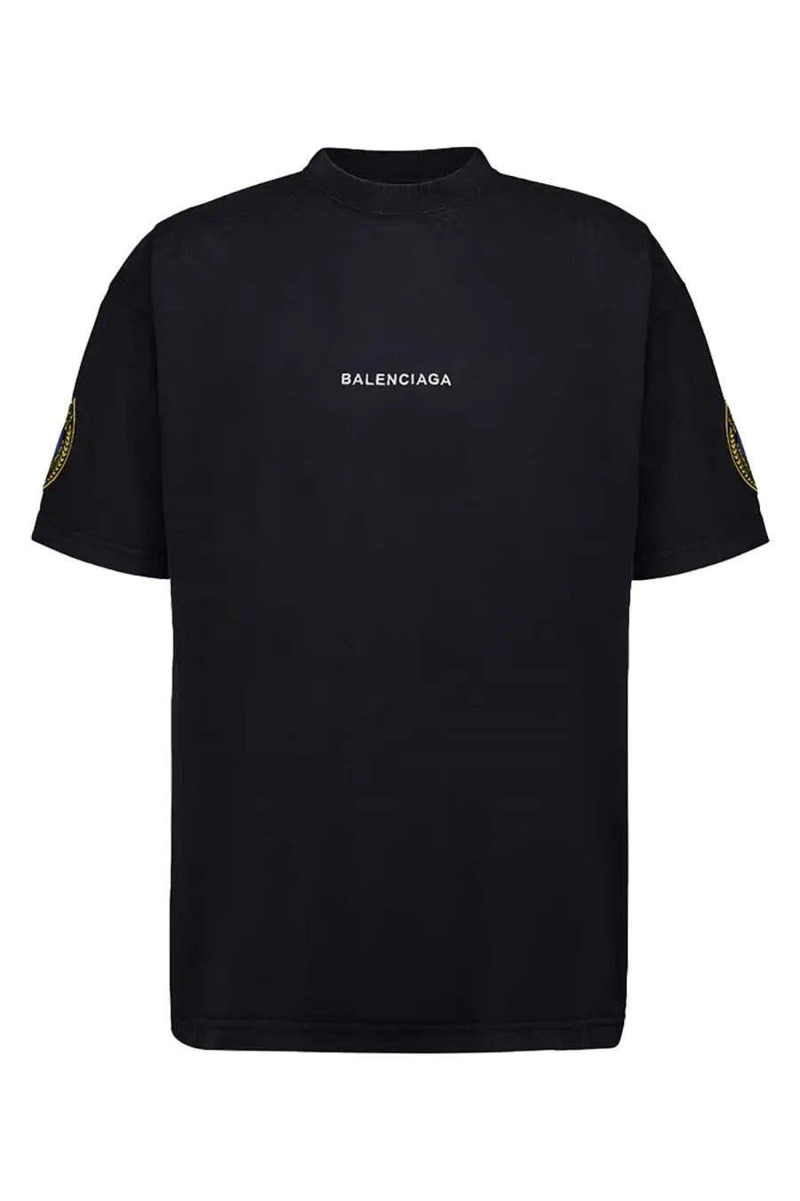 Balenciaga men’s oversize fit black t-shirt with white logo and gold embroidered sleeve details